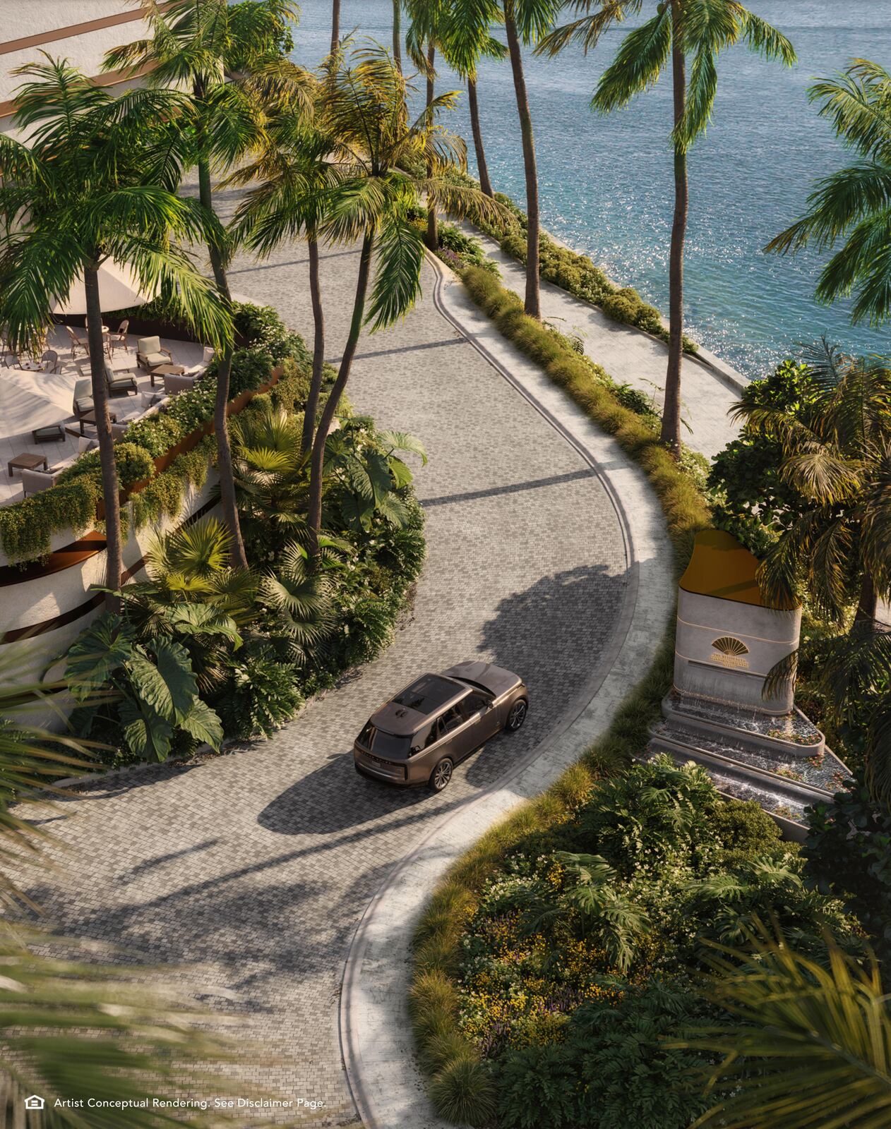 The arrival drive through the gardens at the tip of Brickell Key, developer rendering