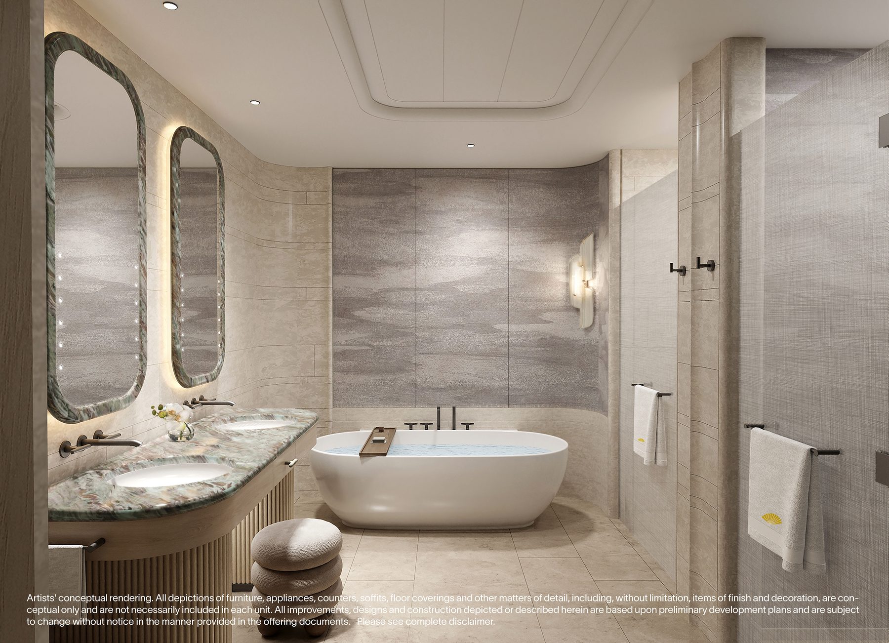 The Residences at Mandarin Oriental, Miami, primary bathroom of a furnished Hotel Residence, developer rendering