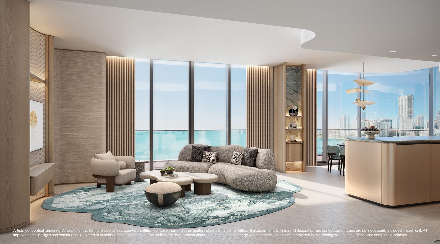 The Residences at Mandarin Oriental, Miami, great room of a furnished Hotel Residence in Tower 2, developer rendering