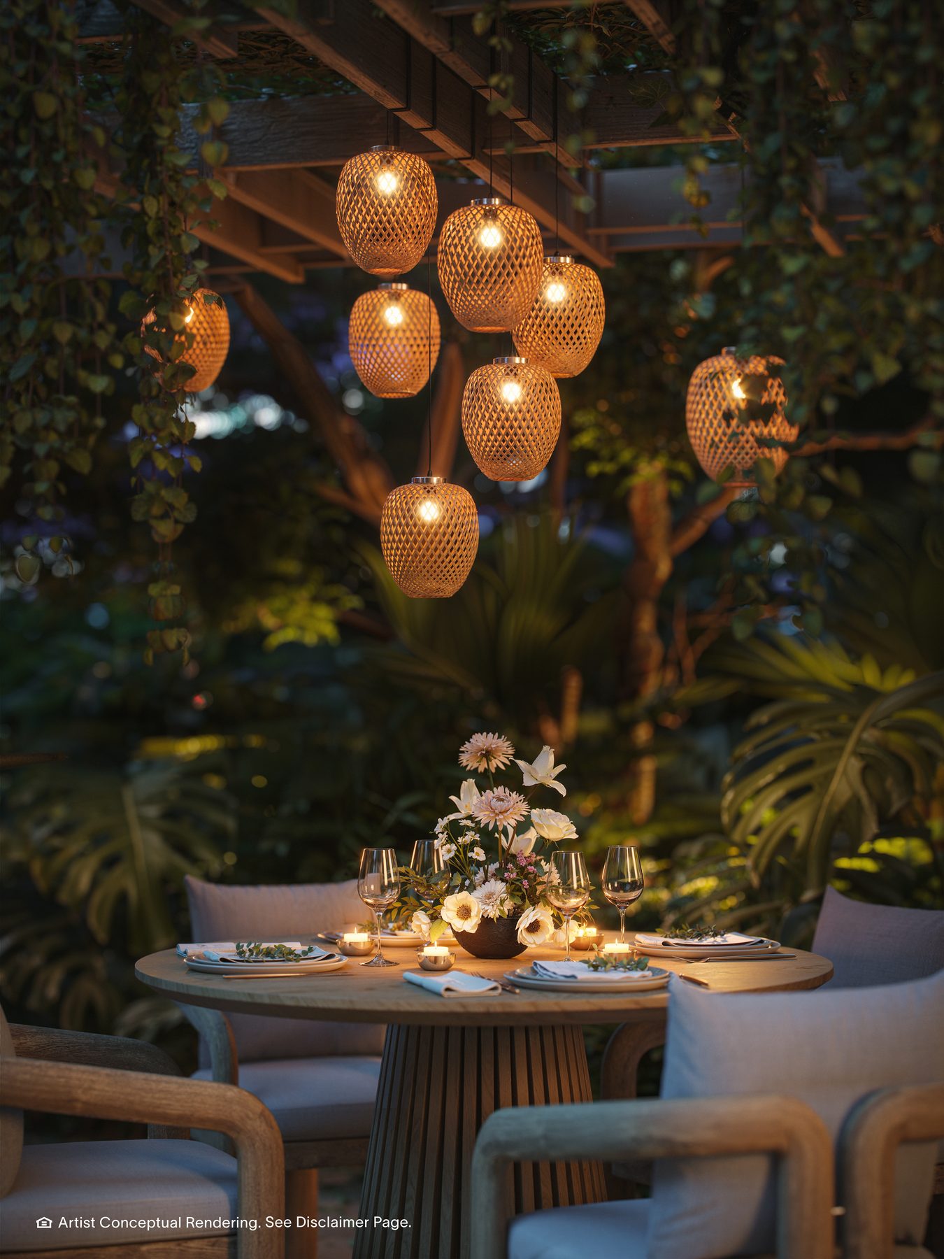 The Residences at Mandarin Oriental, Miami, herb garden seating at the all-day dining restaurant, developer rendering