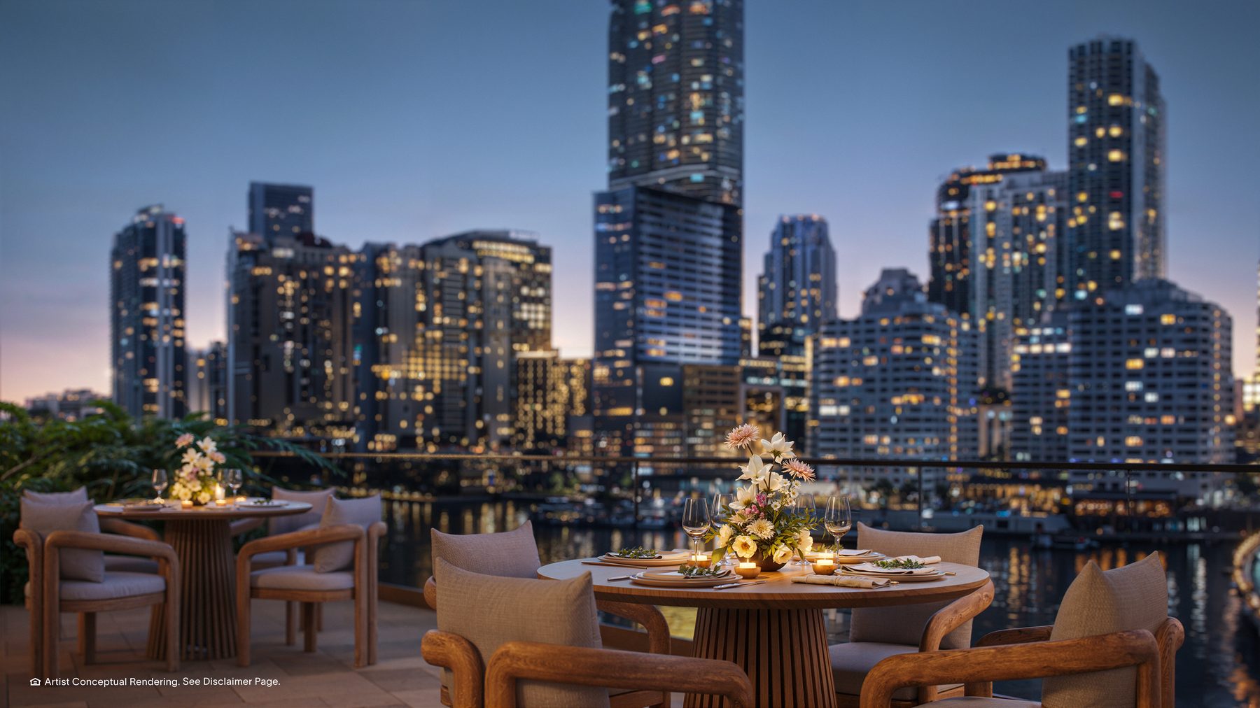 The Residences at Mandarin Oriental, Miami, all-day dining seating facing the Brickell skyline, developer rendering