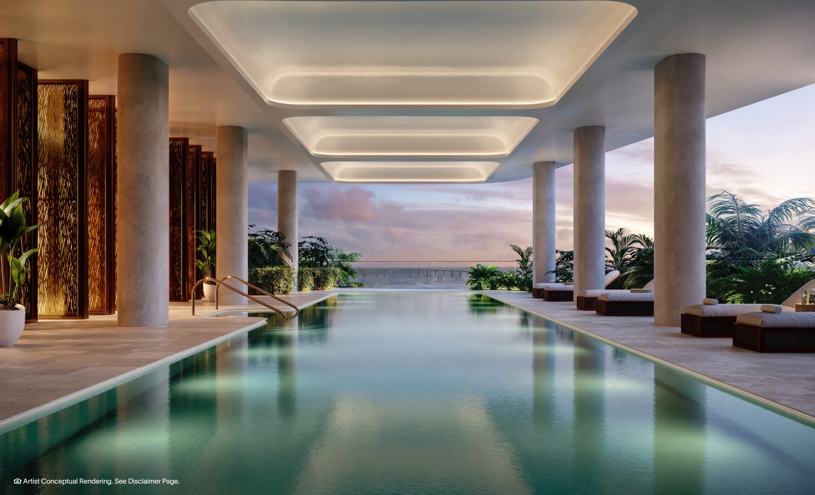The Residences at Mandarin Oriental, Miami, the covered pool of the hotel spa, developer rendering
