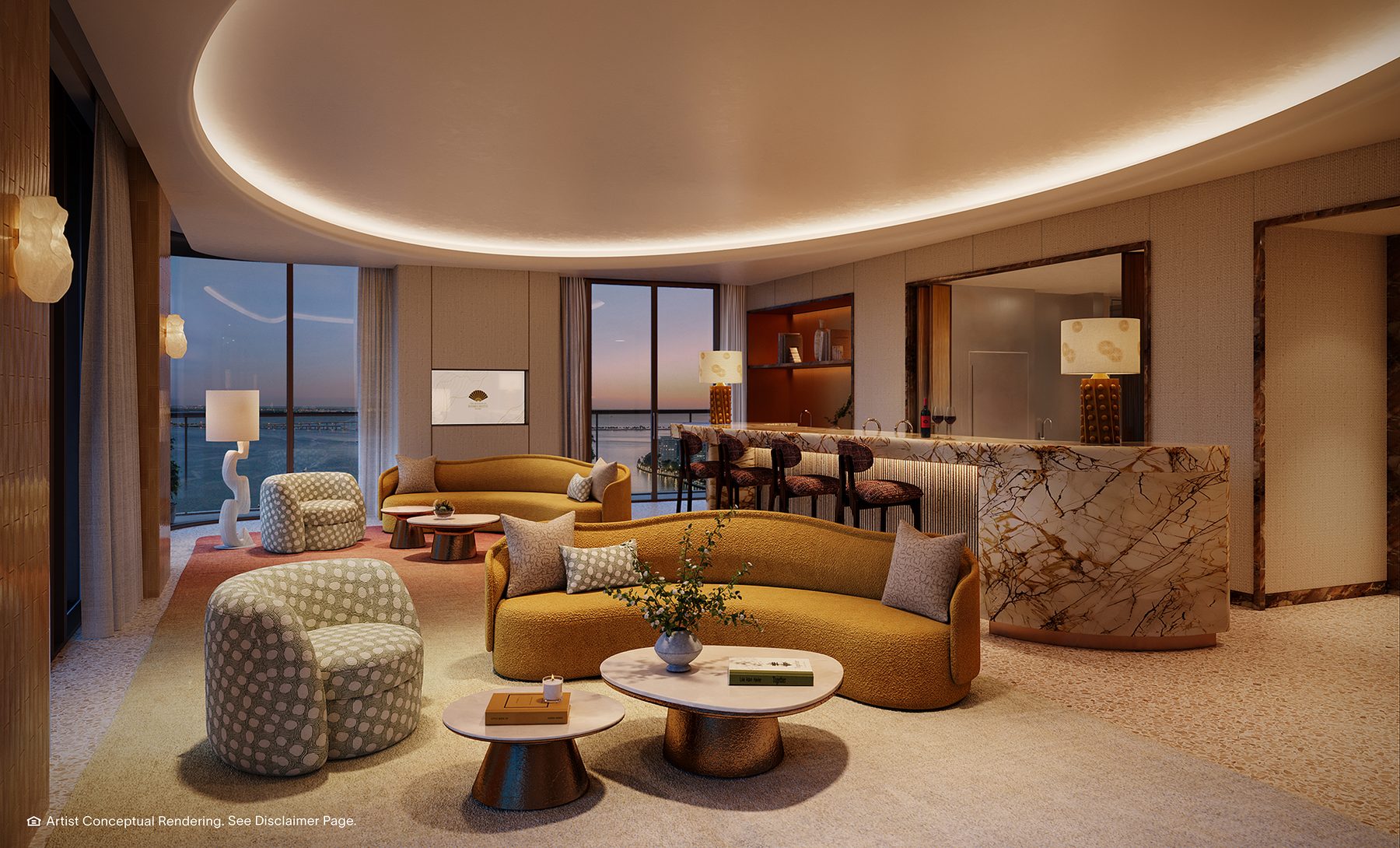 The Residences at Mandarin Oriental, Miami, the Level 19 residents' lounge in Tower 2, developer rendering
