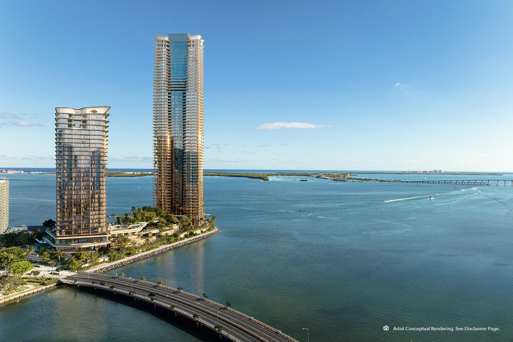 The Residences at Mandarin Oriental, Miami, Tower 2, the North Tower, beside the taller South Tower, developer rendering