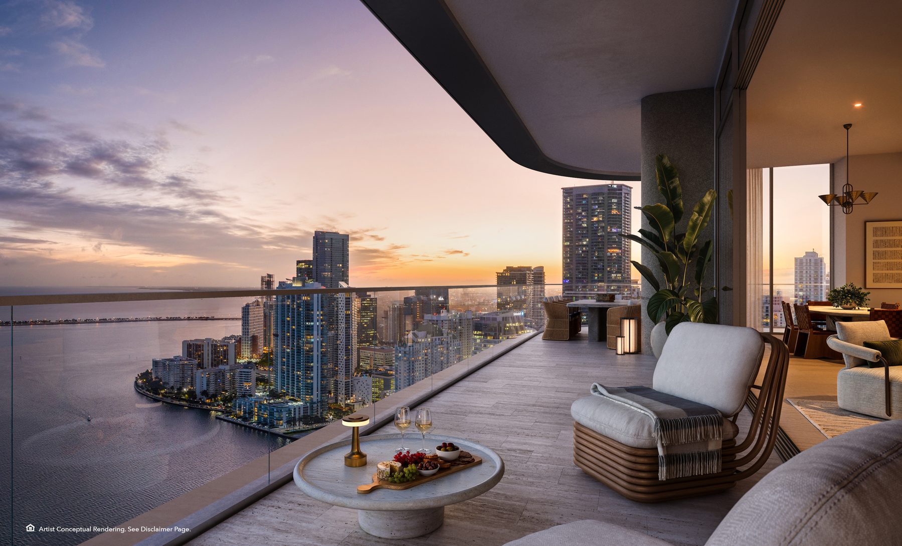 The Residences at Mandarin Oriental, Miami, terrace of a Tower 2 private residence at dusk, developer rendering
