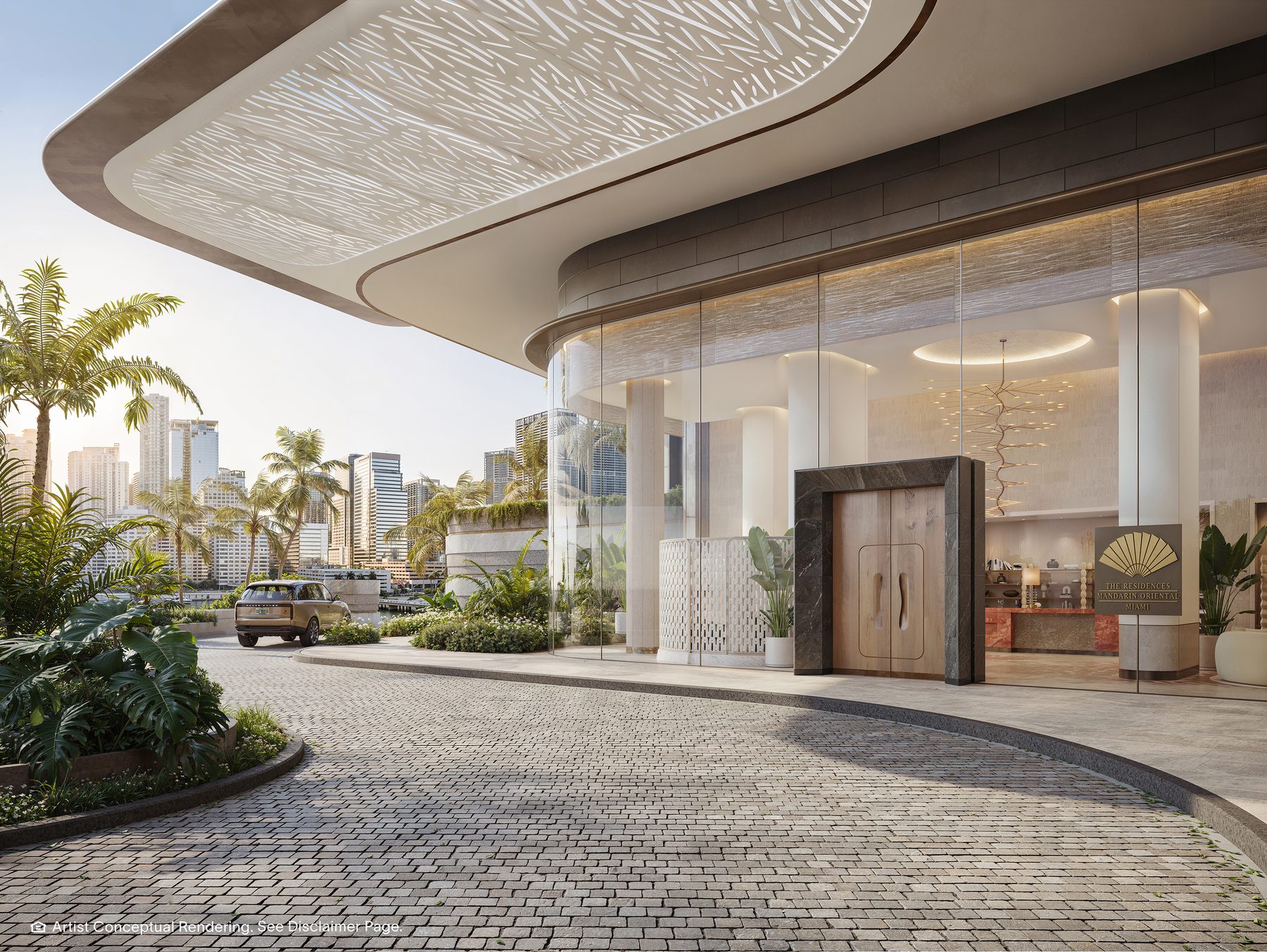 The Residences at Mandarin Oriental, Miami, a porte cochere at Tower 2, developer rendering