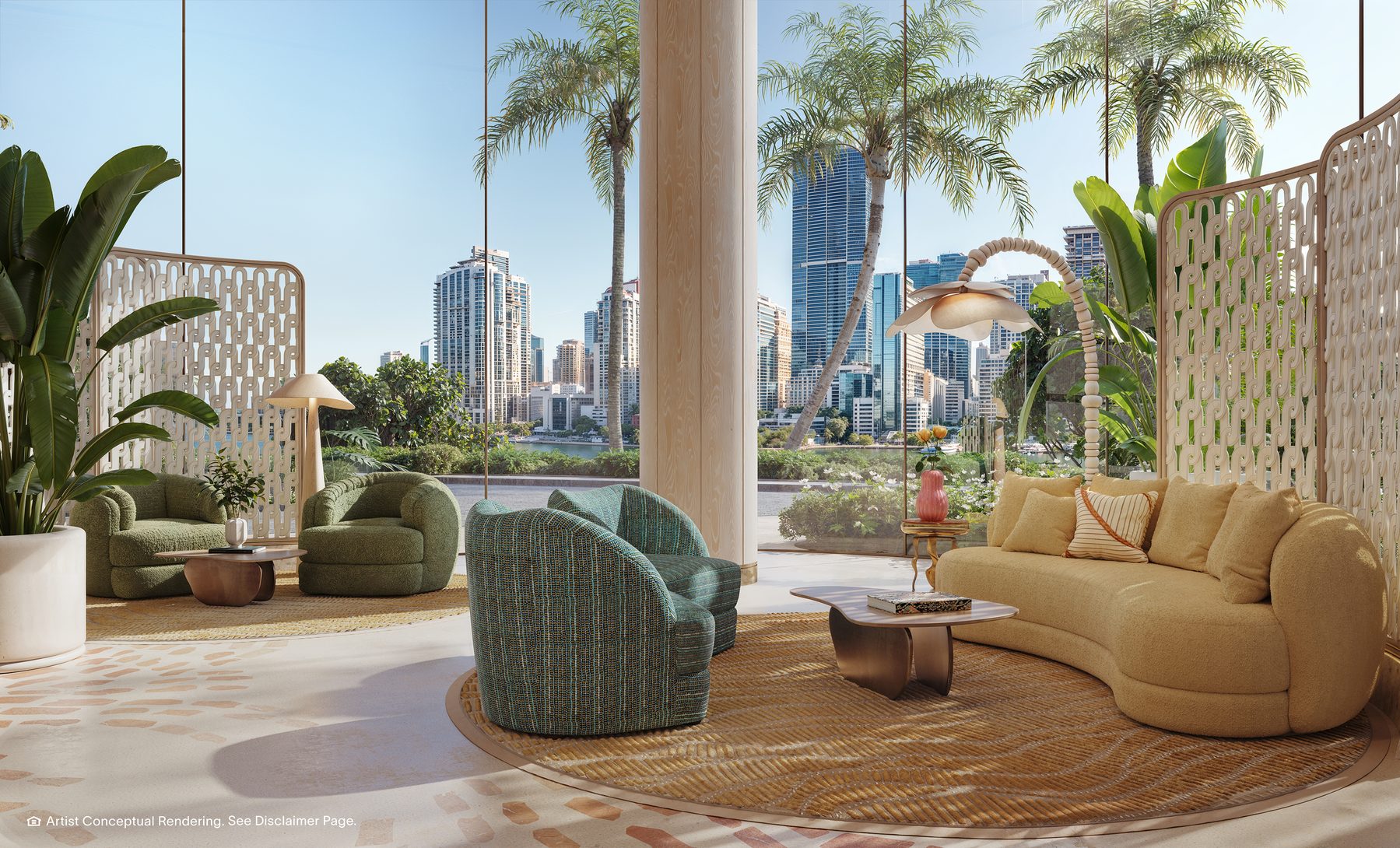 The Residences at Mandarin Oriental, Miami, the private residential lobby of Tower 2, apart from the hotel lobby, developer rendering