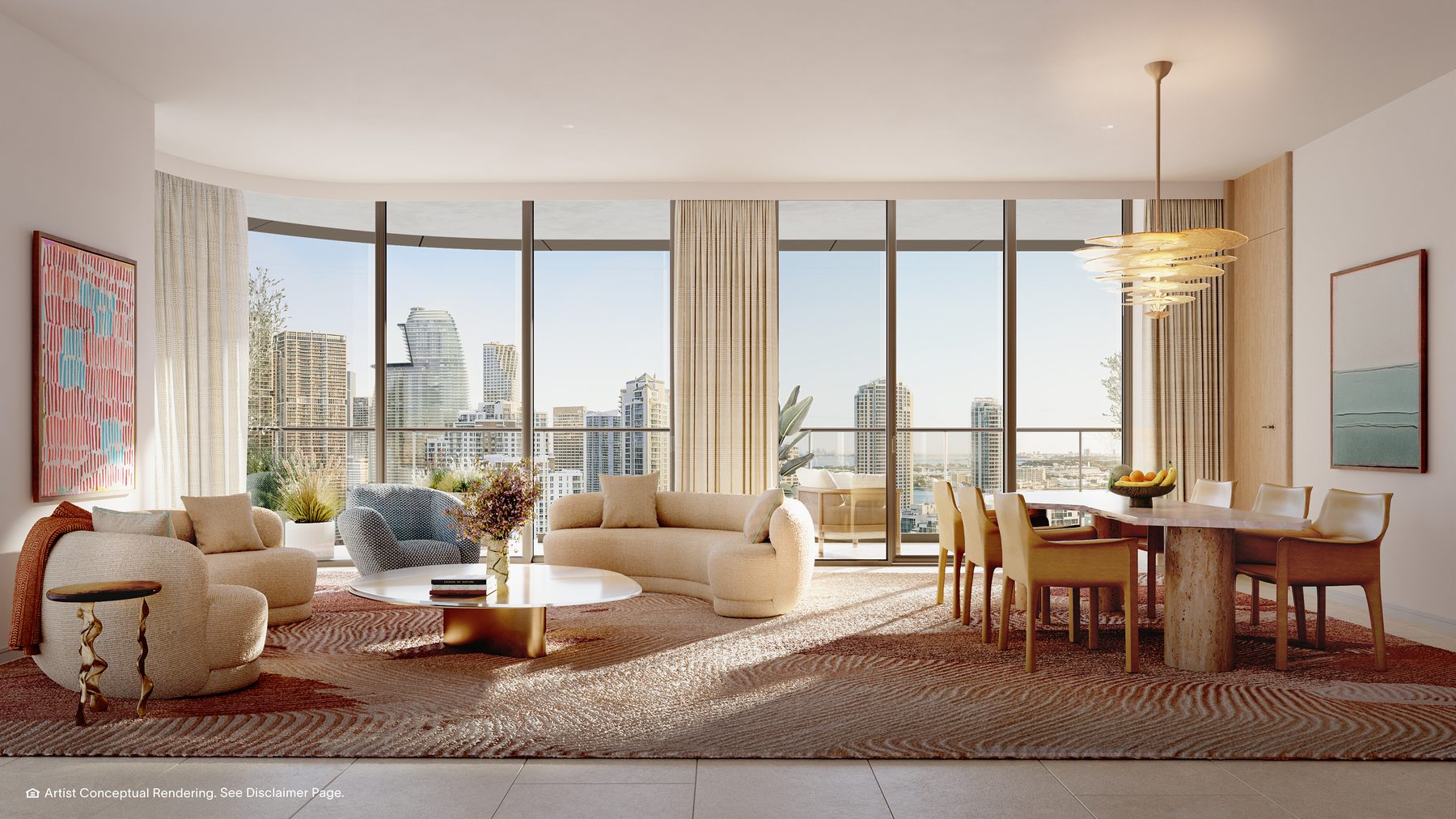 The Residences at Mandarin Oriental, Miami, living and dining room of a Tower 2 Residence 05, developer rendering