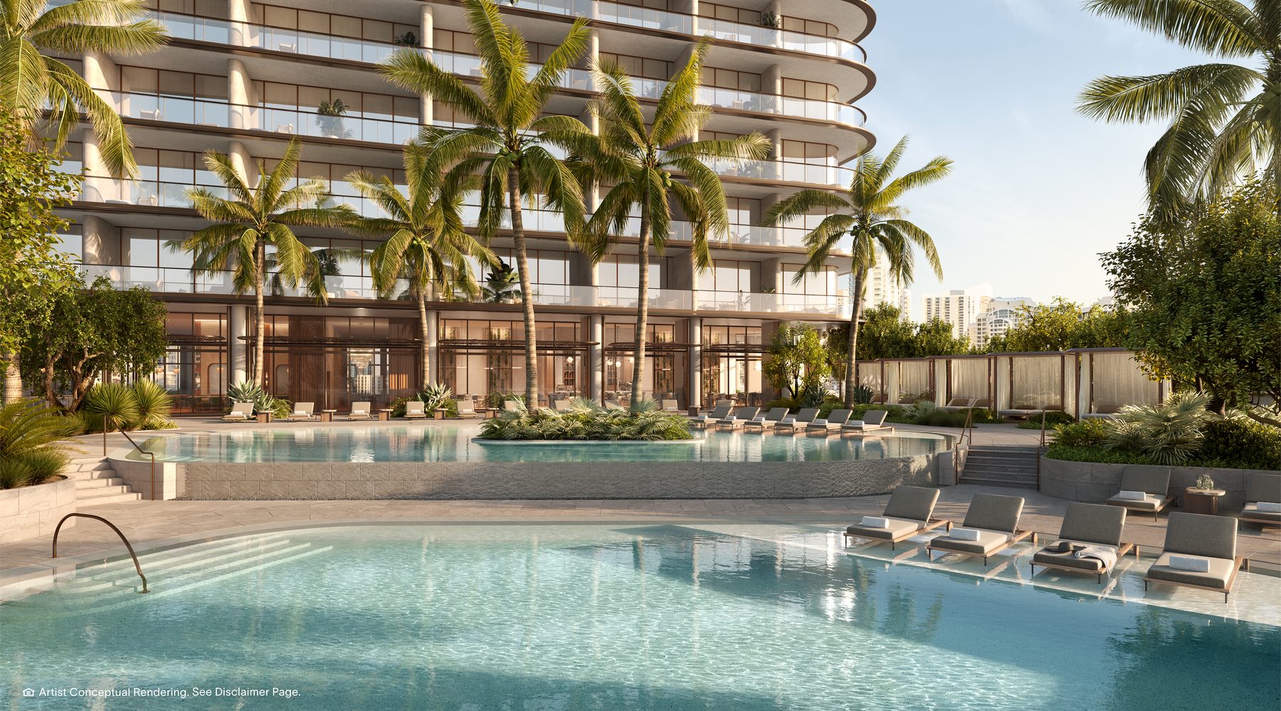 The Residences at Mandarin Oriental, Miami, the hotel resort pool at the base of Tower 2, developer rendering