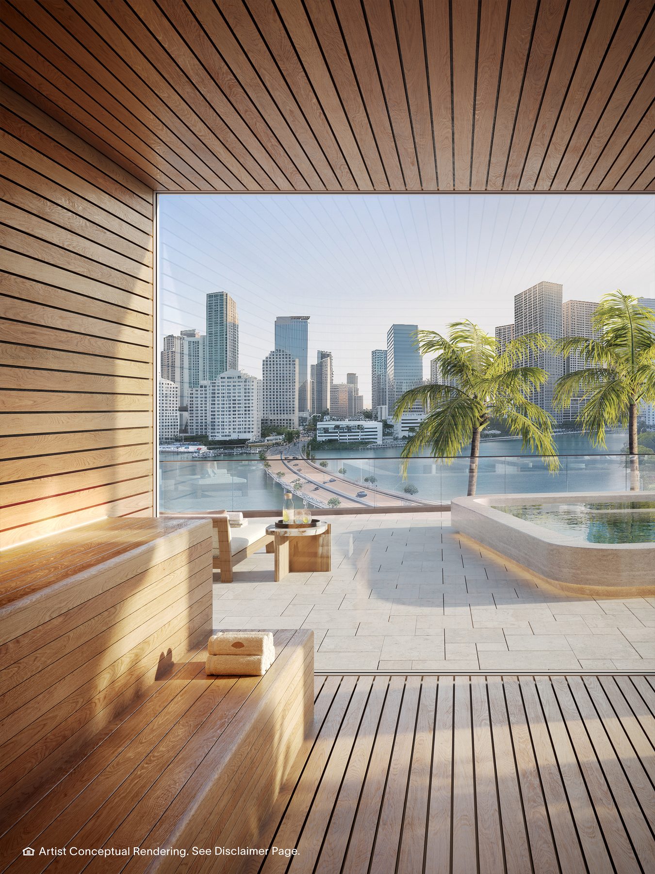 The Residences at Mandarin Oriental, Miami, the social sauna in the hotel spa, developer rendering