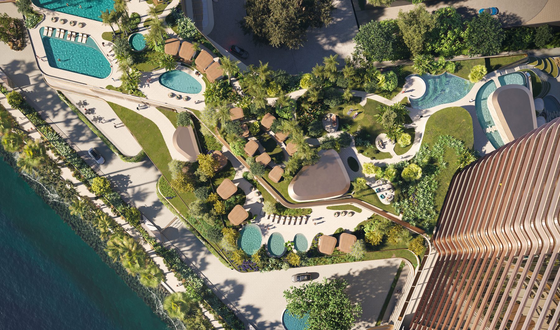 The Residences at Mandarin Oriental, Miami, aerial view of the amenity podium at the southern tip of Brickell Key, developer rendering