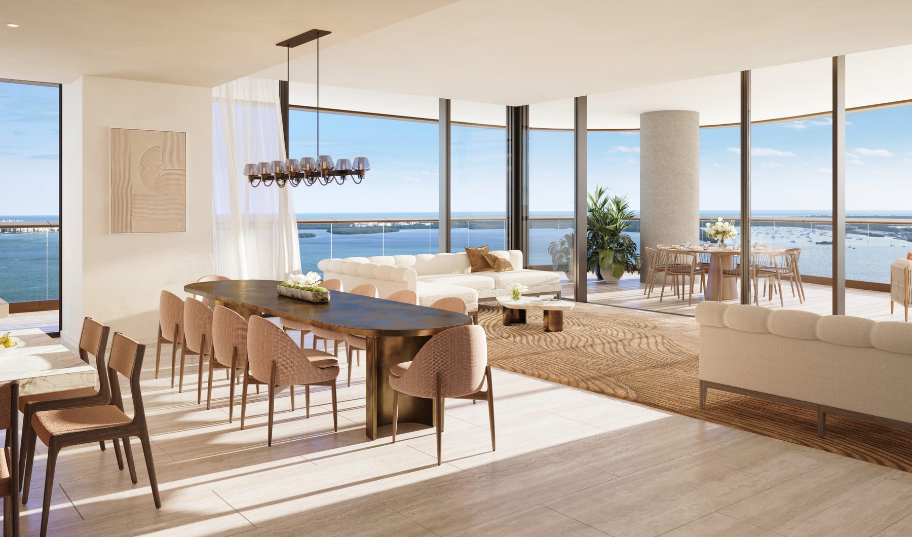 The Residences at Mandarin Oriental, Miami, great room of a Collection I residence in Tower 1, developer rendering