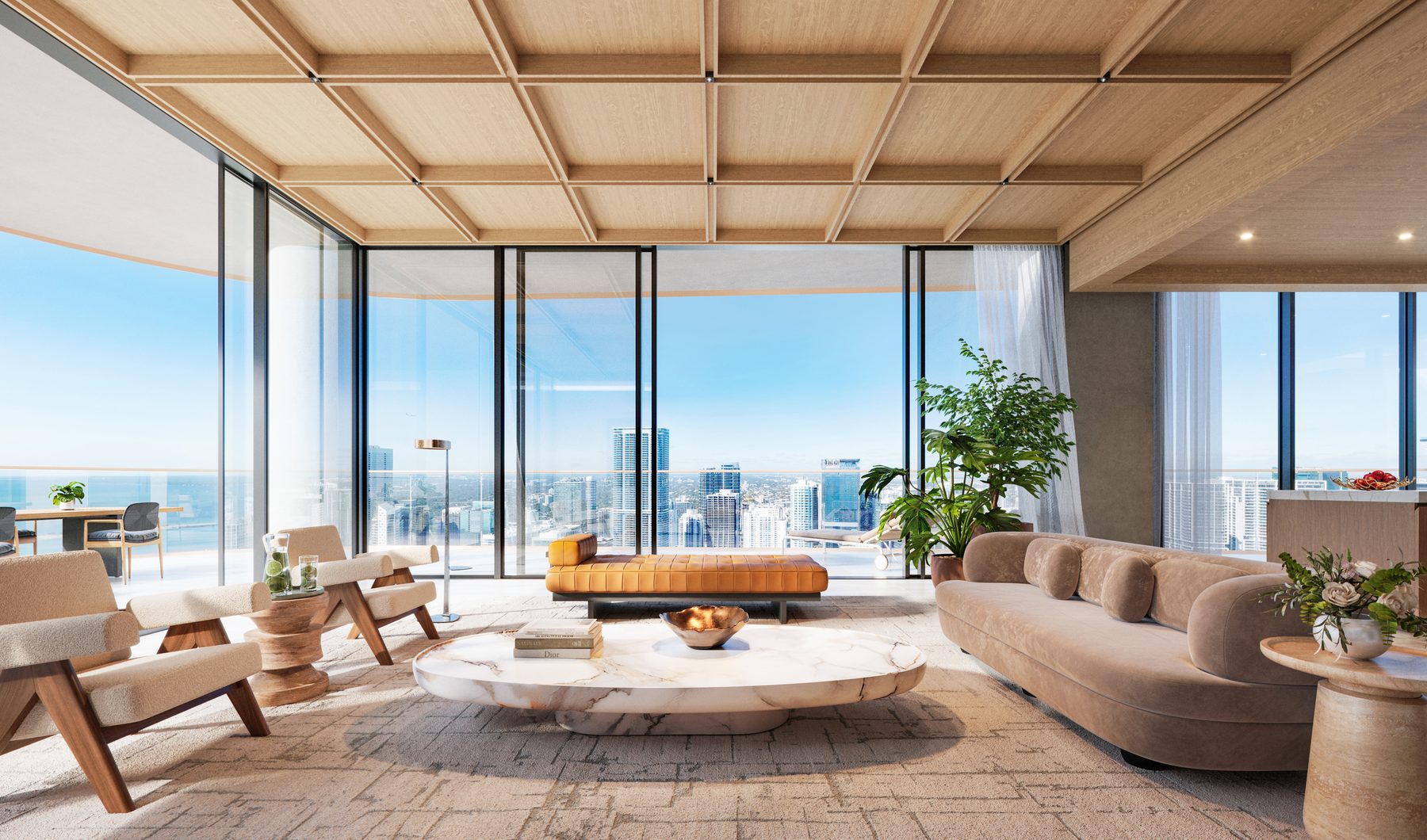 The Residences at Mandarin Oriental, Miami, great room of a Collection II residence in Tower 1, developer rendering