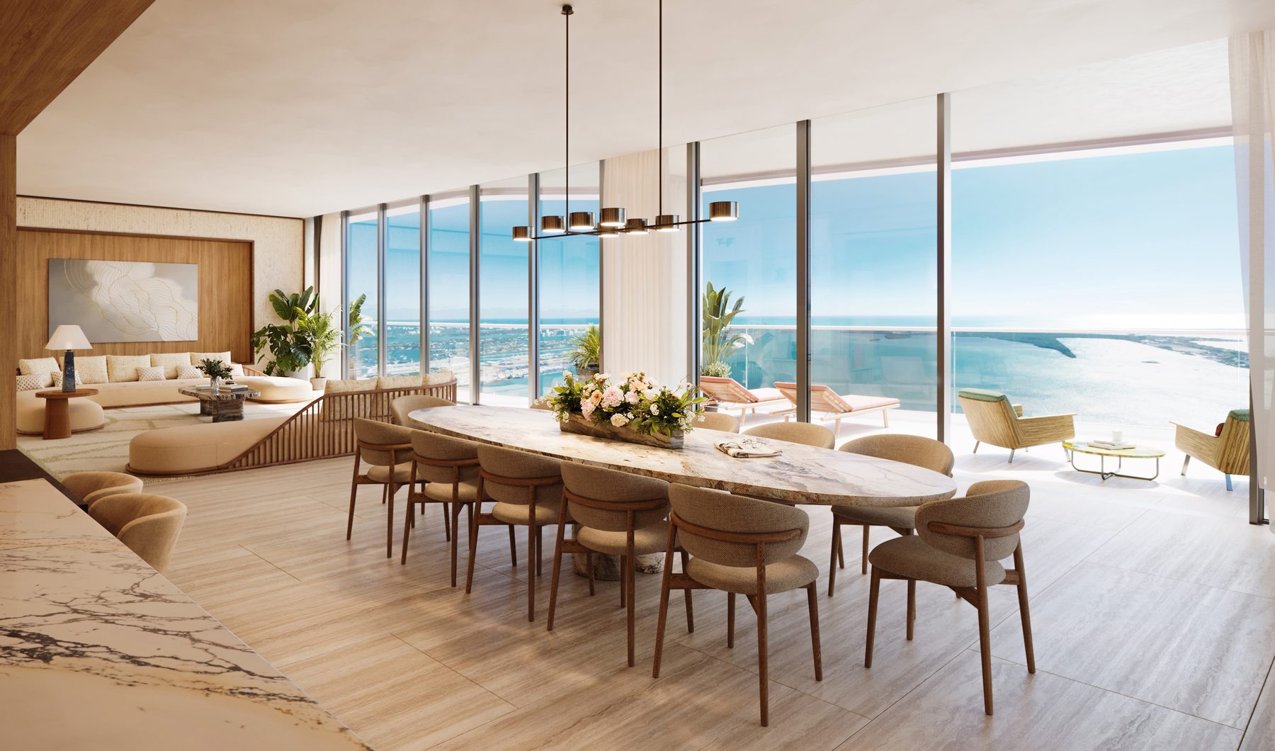 The Residences at Mandarin Oriental, Miami, great room of a Collection IV residence in Tower 1, developer rendering