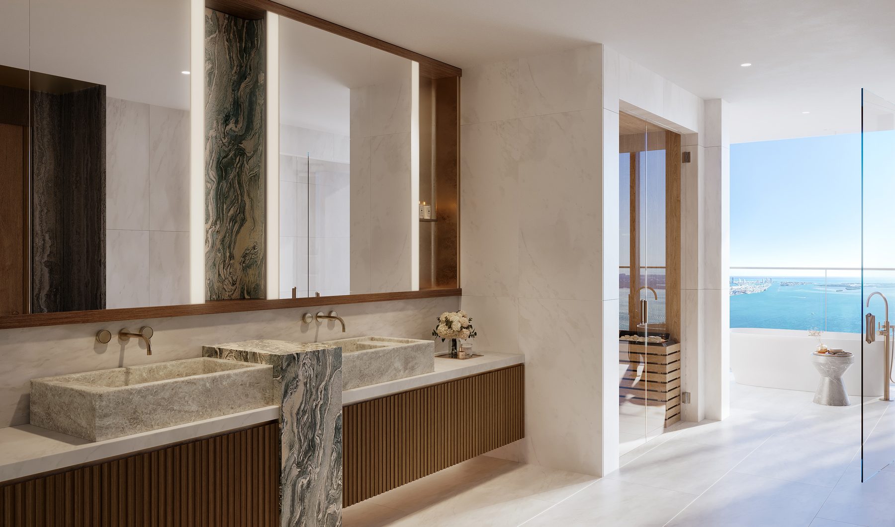 The Residences at Mandarin Oriental, Miami, primary bathroom with sauna in a Collection IV residence, developer rendering