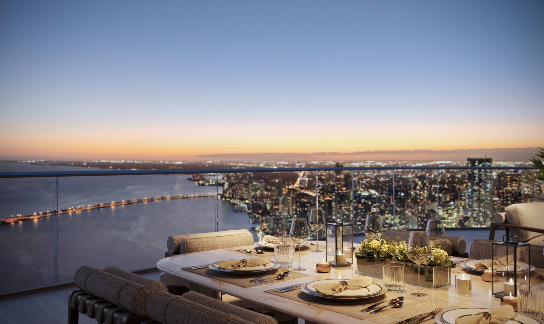 The Residences at Mandarin Oriental, Miami, terrace of a Collection IV residence near the top of Tower 1, developer rendering