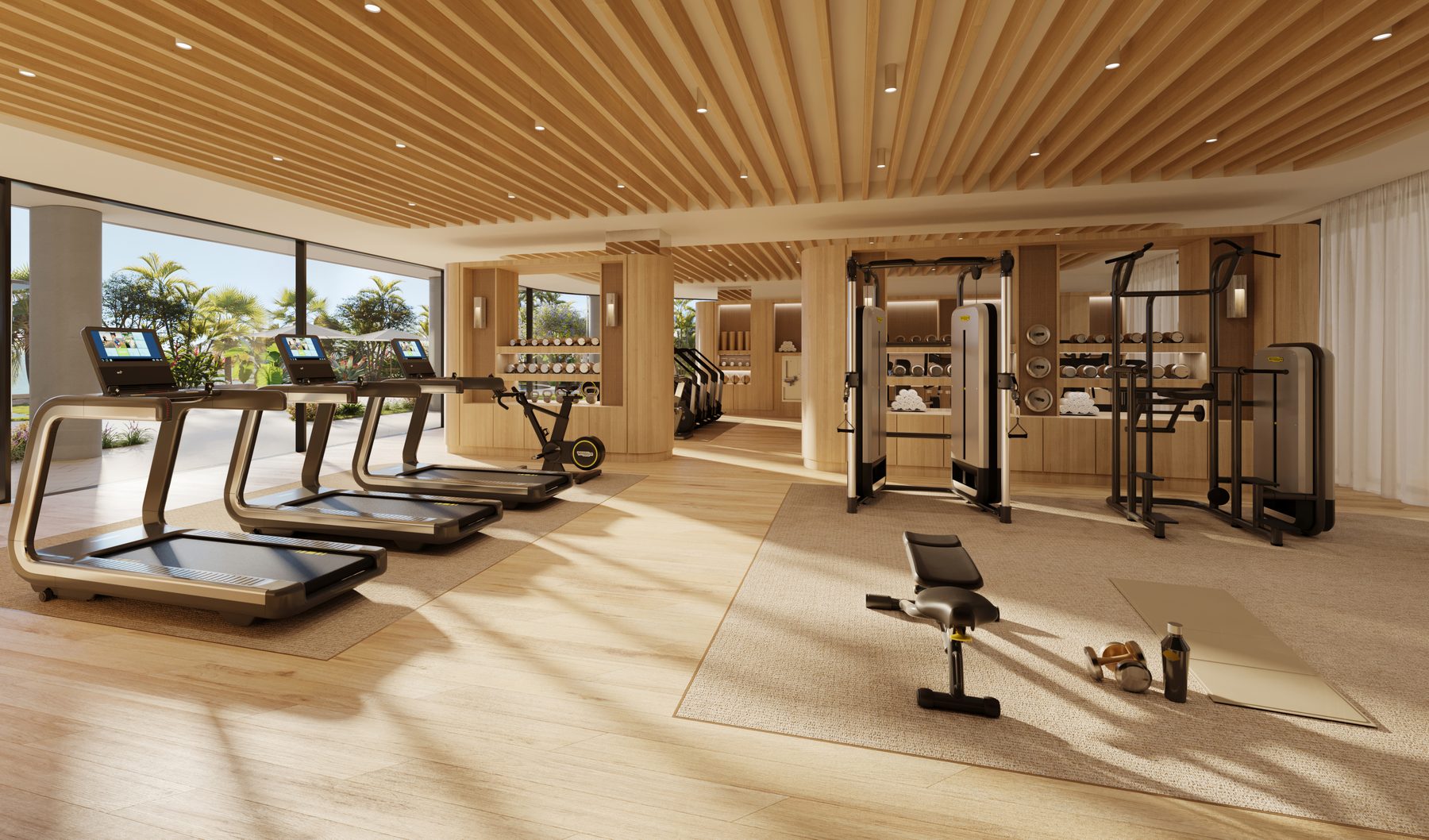 The Residences at Mandarin Oriental, Miami, the fitness atelier with Technogym equipment, developer rendering