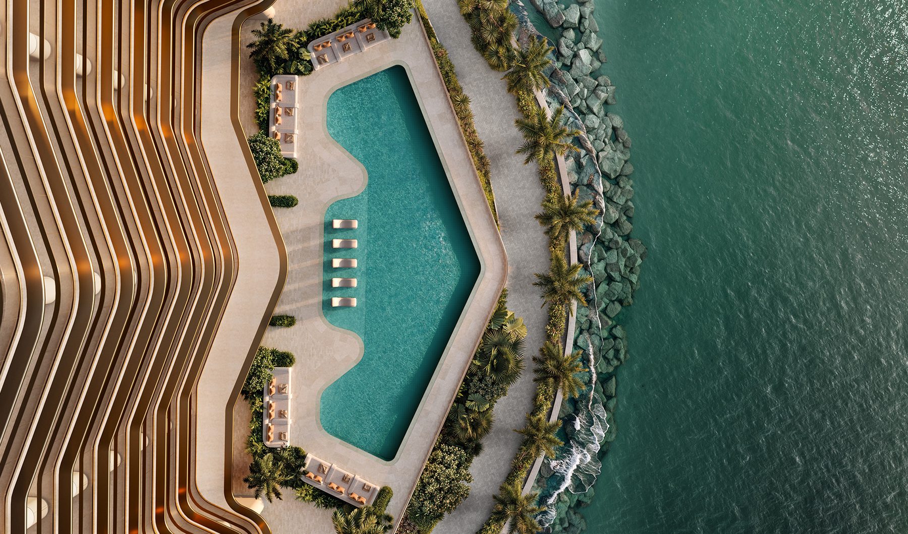 The Residences at Mandarin Oriental, Miami, a second view of the Ocean Pool, developer rendering