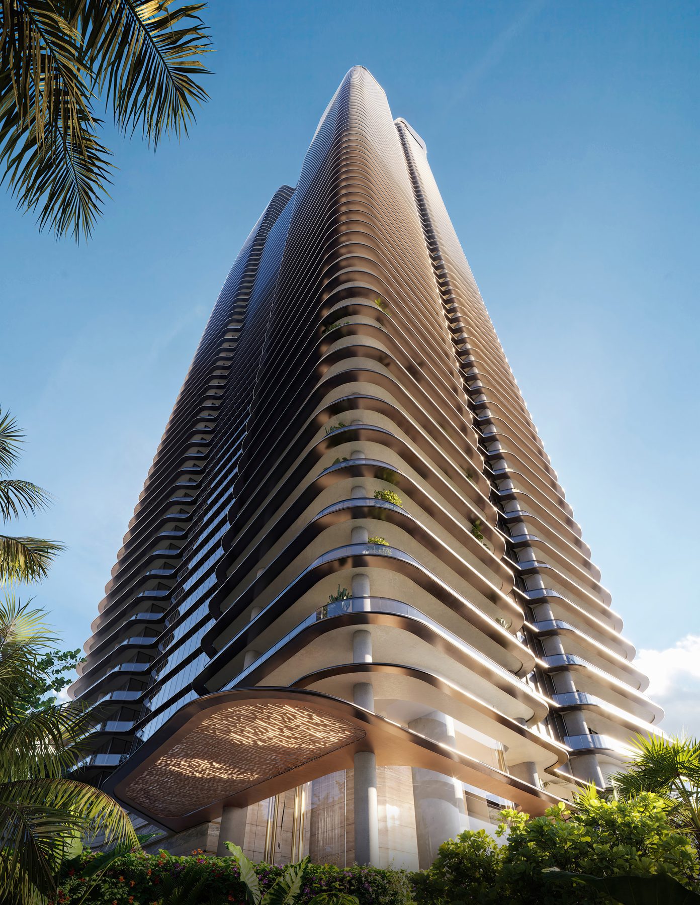 The Residences at Mandarin Oriental, Miami, Tower 1, the South Tower, rising from Brickell Key, developer rendering