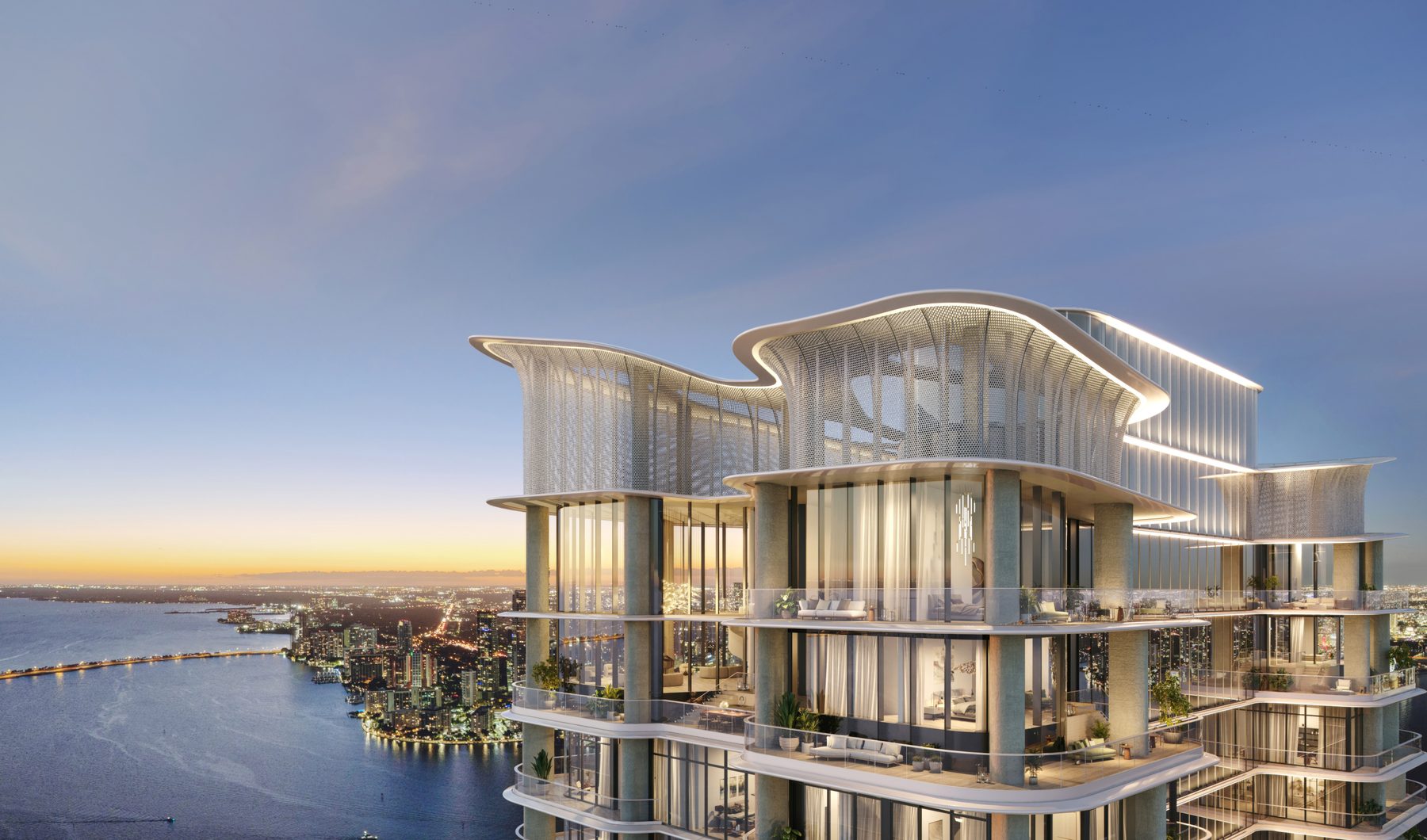 The Residences at Mandarin Oriental, Miami, the crown of Tower 1 above Biscayne Bay, developer rendering