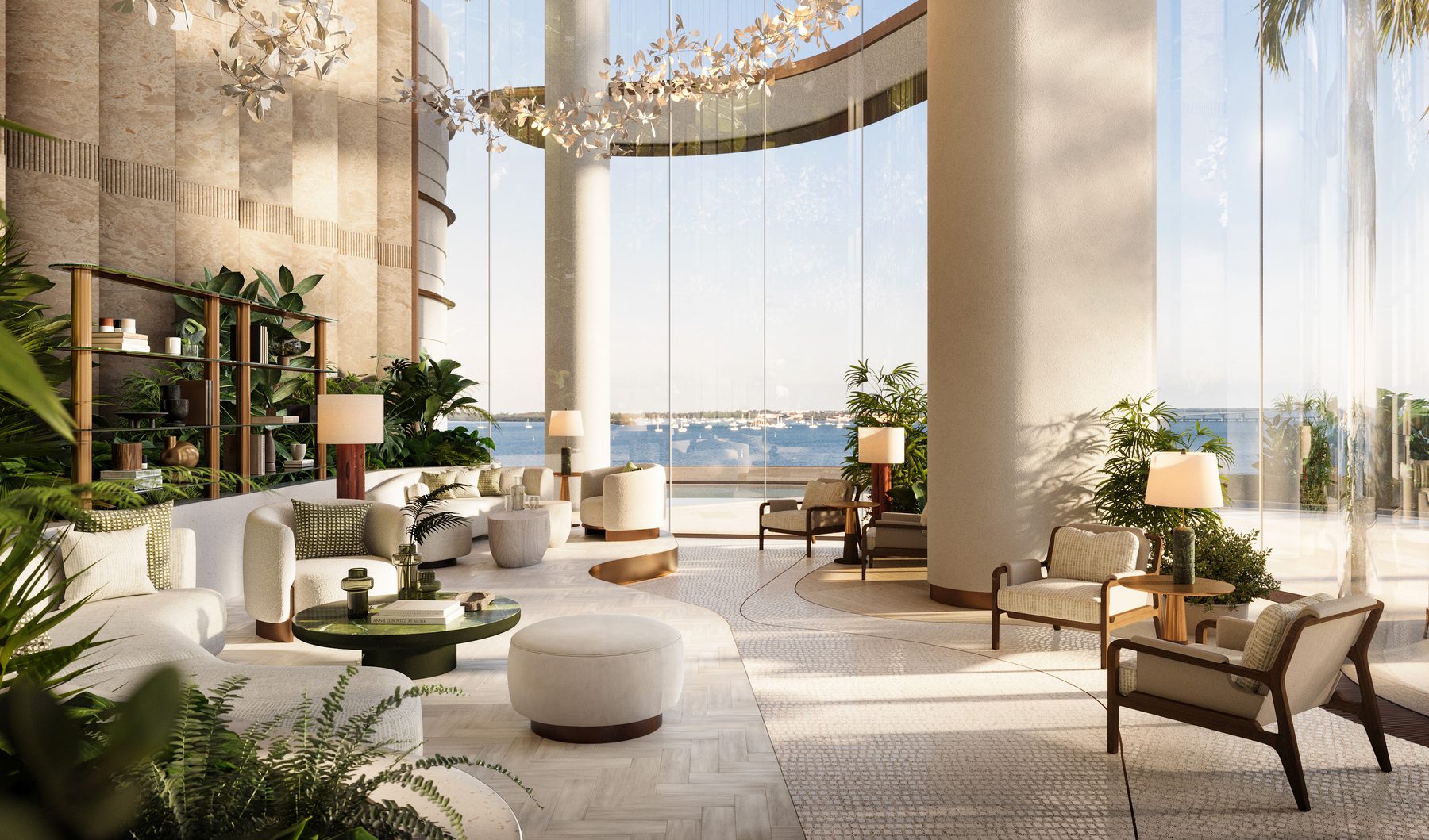 The Residences at Mandarin Oriental, Miami, a second view of the Tower 1 lobby, developer rendering