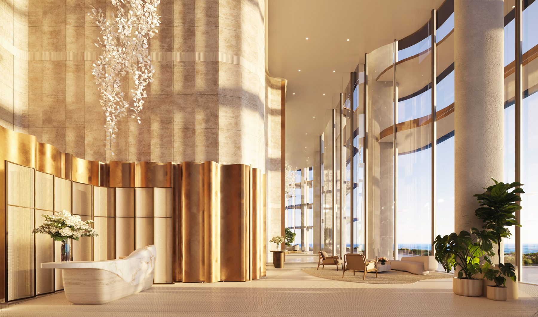 The Residences at Mandarin Oriental, Miami, the Tower 1 lobby, developer rendering
