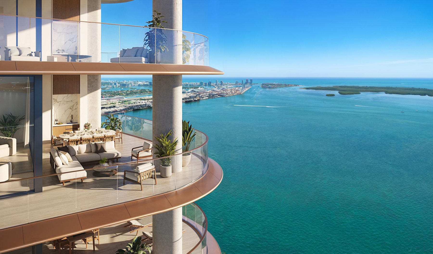 The Residences at Mandarin Oriental, Miami, Tower 1 terraces overlooking Biscayne Bay, developer rendering