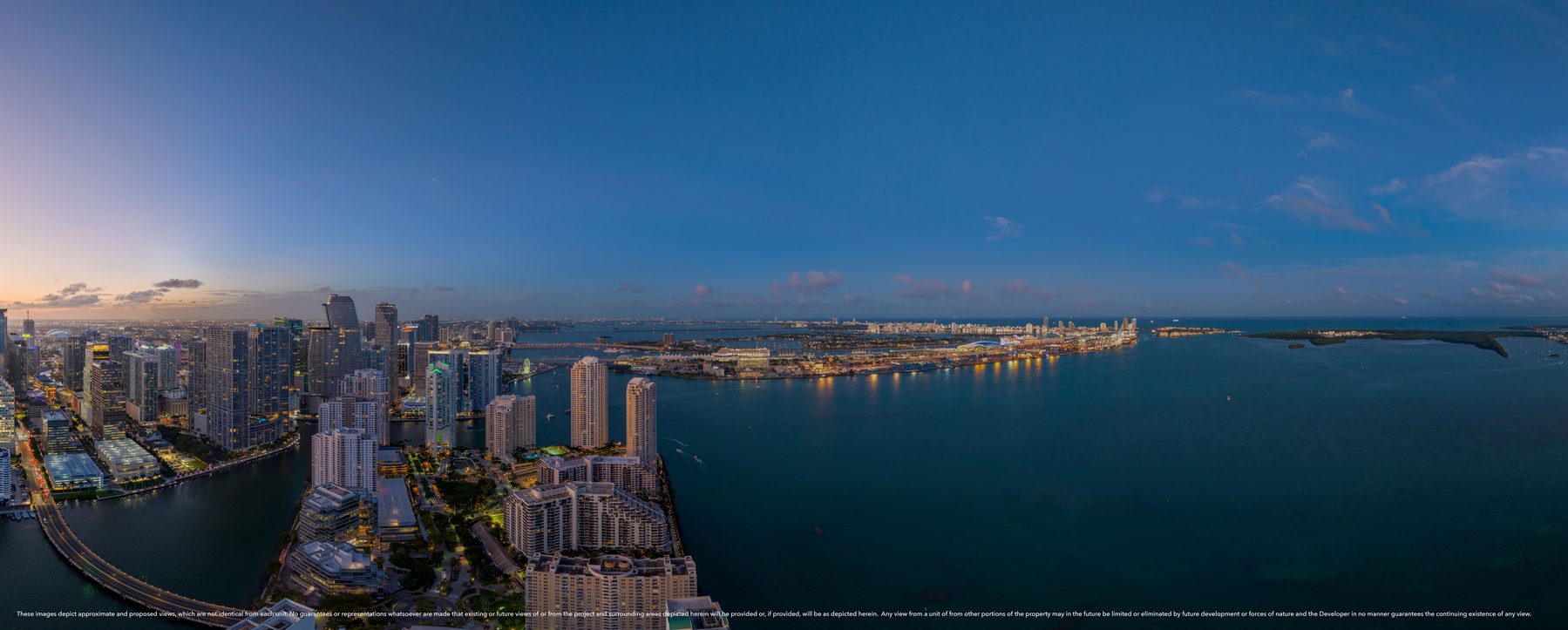 The Residences at Mandarin Oriental, Miami, twilight view from Level 53, Collection III Residence 02, developer view photography